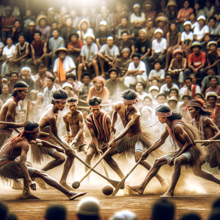Indigenous North American stickball players in traditional attire engaged in a spirited game, with handcrafted sticks and a small ball, surrounded by community members spectating and cheering.