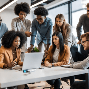 Diverse group of tech enthusiasts collaborating at a workspace