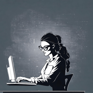 Illustration of a confident woman embodying the Big Booty Tech Nerd identity, engrossed in tech work