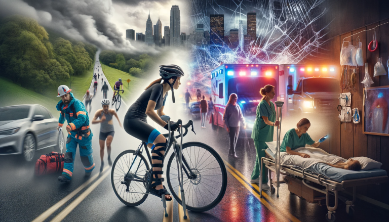 Photo montage depicting Maureen Wener's journey: on the left, a vibrant Maureen ready to cycle with the city in the background; in the middle, a blurred depiction of her accident with emergency responders and concerned bystanders; and on the right, Maureen's recovery journey, showing her with crutches and later cautiously cycling in a serene park