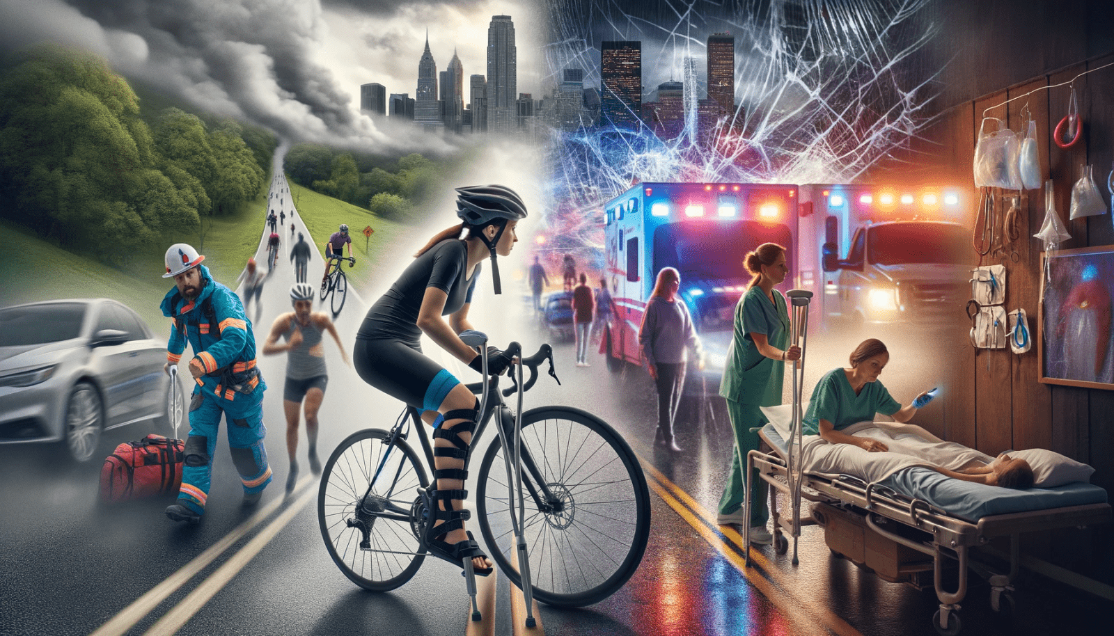 Photo montage depicting Maureen Wener's journey: on the left, a vibrant Maureen ready to cycle with the city in the background; in the middle, a blurred depiction of her accident with emergency responders and concerned bystanders; and on the right, Maureen's recovery journey, showing her with crutches and later cautiously cycling in a serene park