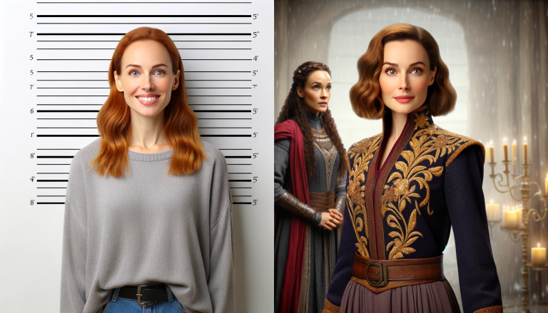 Amy Adams beside a height chart showing her at 5 feet 4 inches, juxtaposed with her portraying a character in a film, highlighting her commanding screen presence