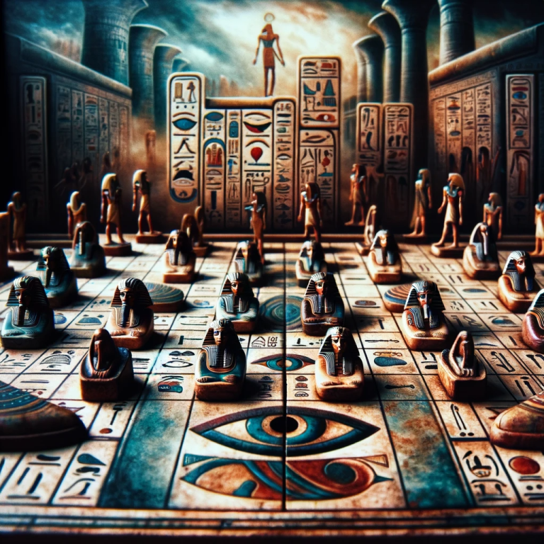 An ancient Egyptian Senet game board, intricately decorated with art and hieroglyphs typical of ancient Egypt. The game pieces resemble small figures