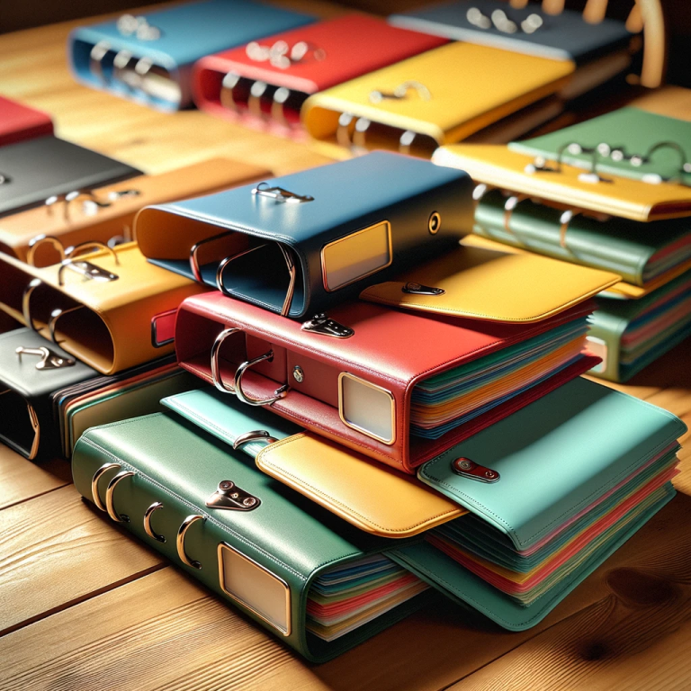 Array of colorful Duotang binders on a desk, showcasing their design and internal features
