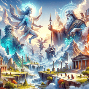 Artistic depiction of a scene from a modern video game set in ancient times, showcasing towering gods in mythological attire interacting with human characters in a vibrant, mythical landscape.