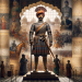 Artistic representation of Maharana Pratap's legacy, featuring a central statue flanked by historical artworks, replicas of his armor, and excerpts from folklore and historical records, overlaid with modern interpretations, symbolizing the blend of fact and legend in his portrayal
