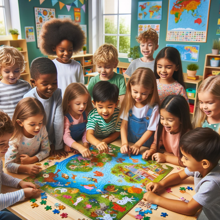 Enthusiastic children engaged in interactive learning activities in a vibrant Kidsa classroom, embodying the spirit of playful education
