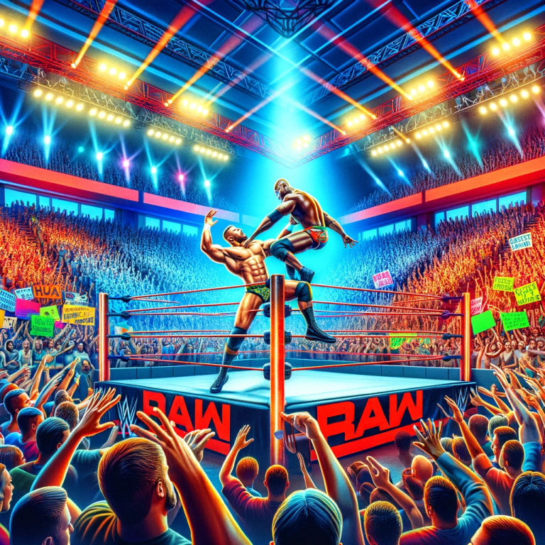 Excited fans and wrestlers in action during a high-energy match at WWE Raw S31E19, capturing the essence of the event.