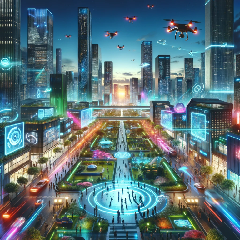 Futuristic city at twilight with neon lights, flying drones, and people using holographic and AI technology, amidst a blend of skyscrapers and green parks, symbolizing a tech-nature harmony