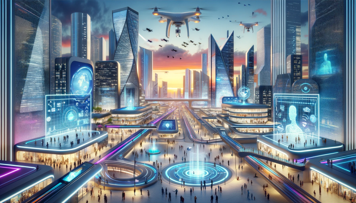 Futuristic cityscape with high-tech integration, symbolizing the innovation and impact of Dxlii in urban development and technology