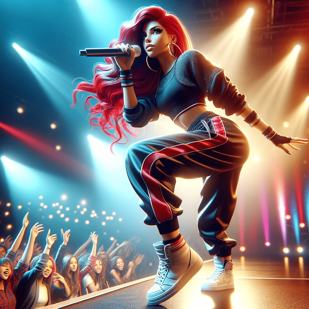 Ice Spice, in a dynamic onstage performance, showcasing her unique style and energy, with a microphone in hand and a vibrant, engaged crowd in the background.
