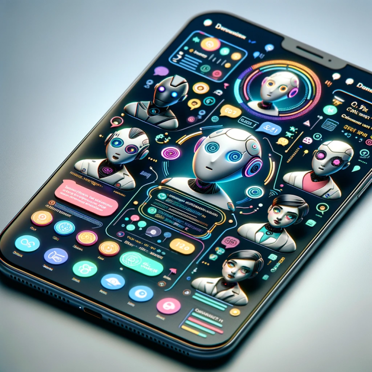 Interface of the Chatgot app displayed on a smartphone, showing diverse AI chat assistants engaging in a conversation, highlighting key features