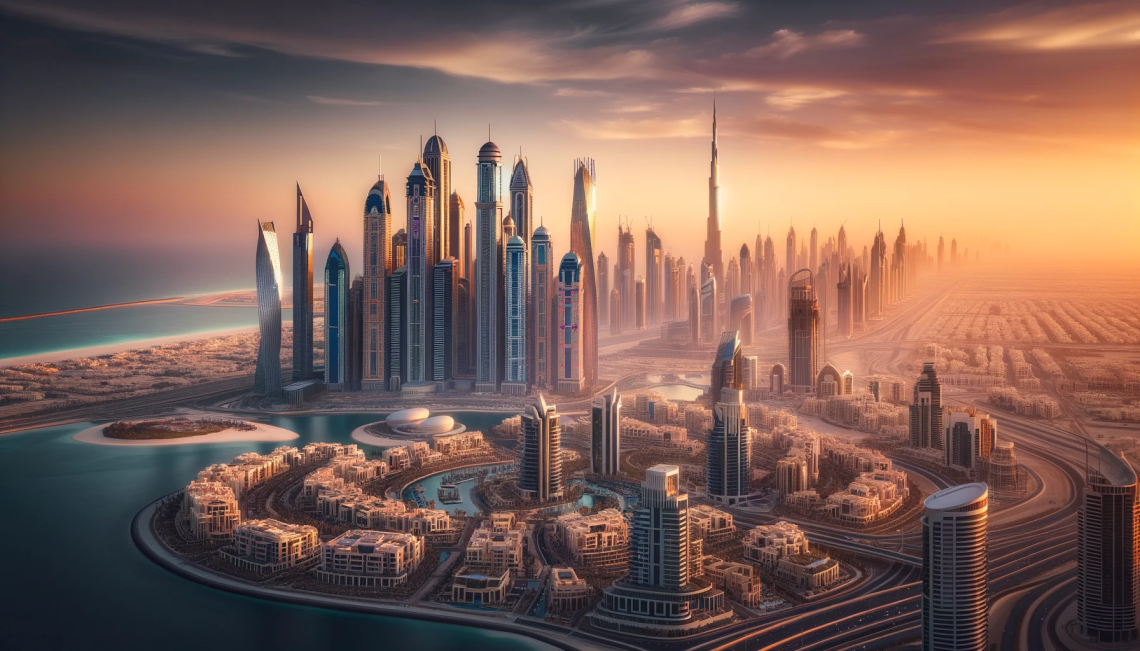 Panoramic sunset view of Dubai's skyline featuring luxury skyscrapers and residential buildings, highlighting the city's upscale real estate market