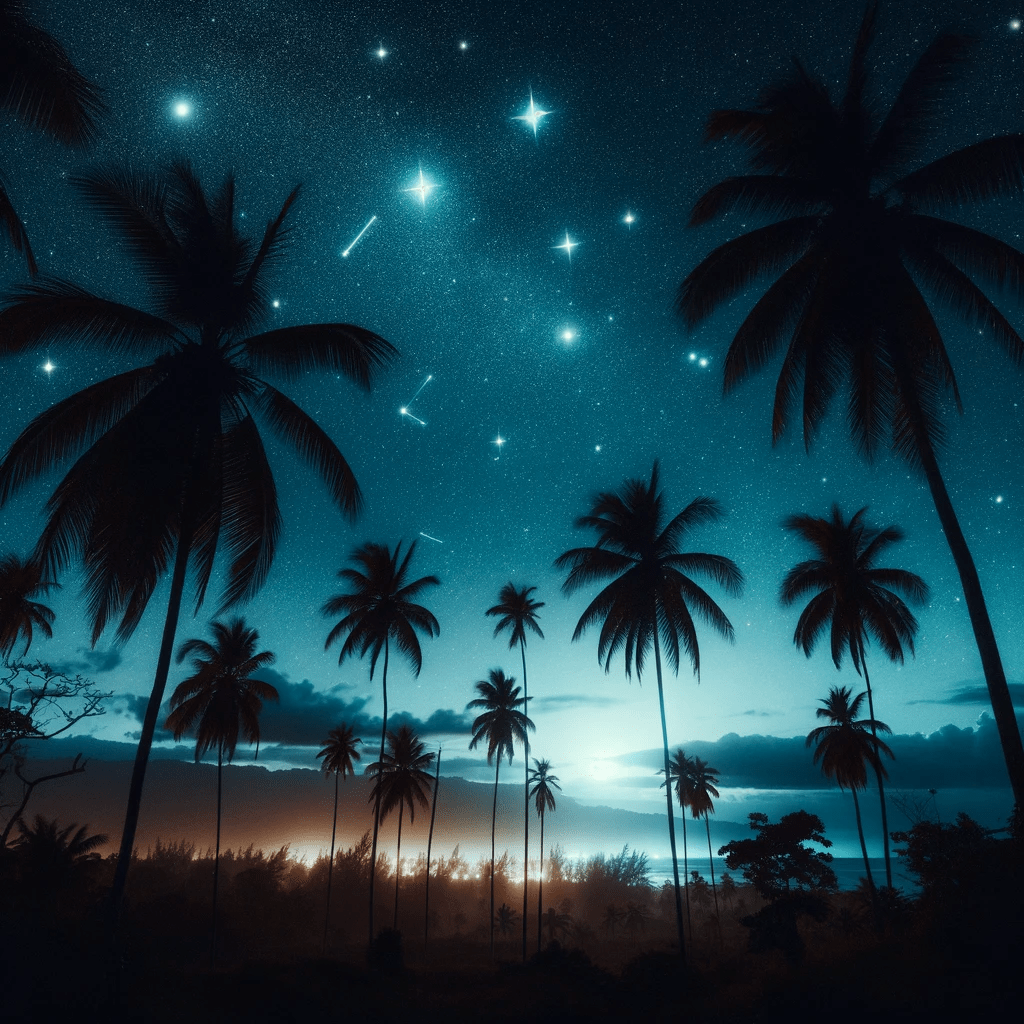 Starry night sky in Jamaica with palm tree silhouettes, highlighting the island's unique celestial view