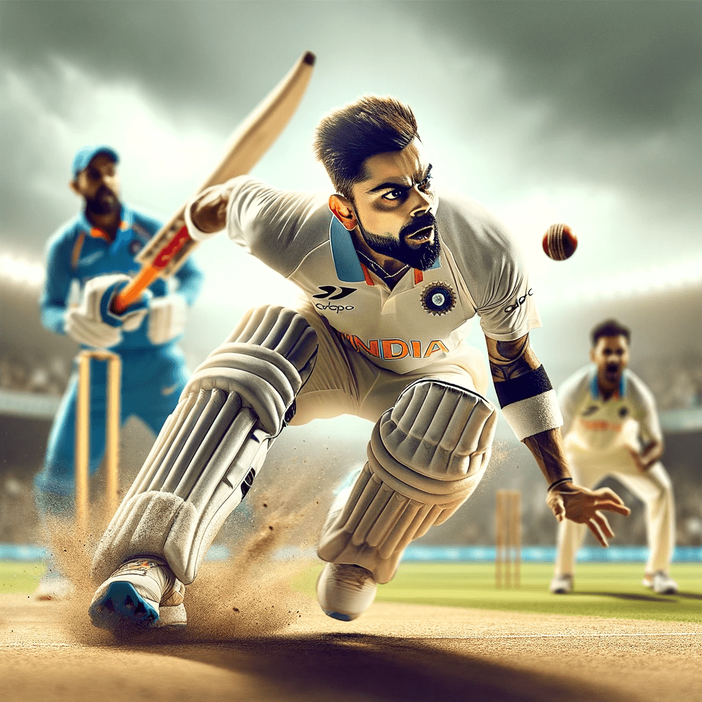 Virat Kohli in action on the cricket pitch, showcasing his exceptional batting technique and athletic prowess, with fellow cricketers in the background for height comparison