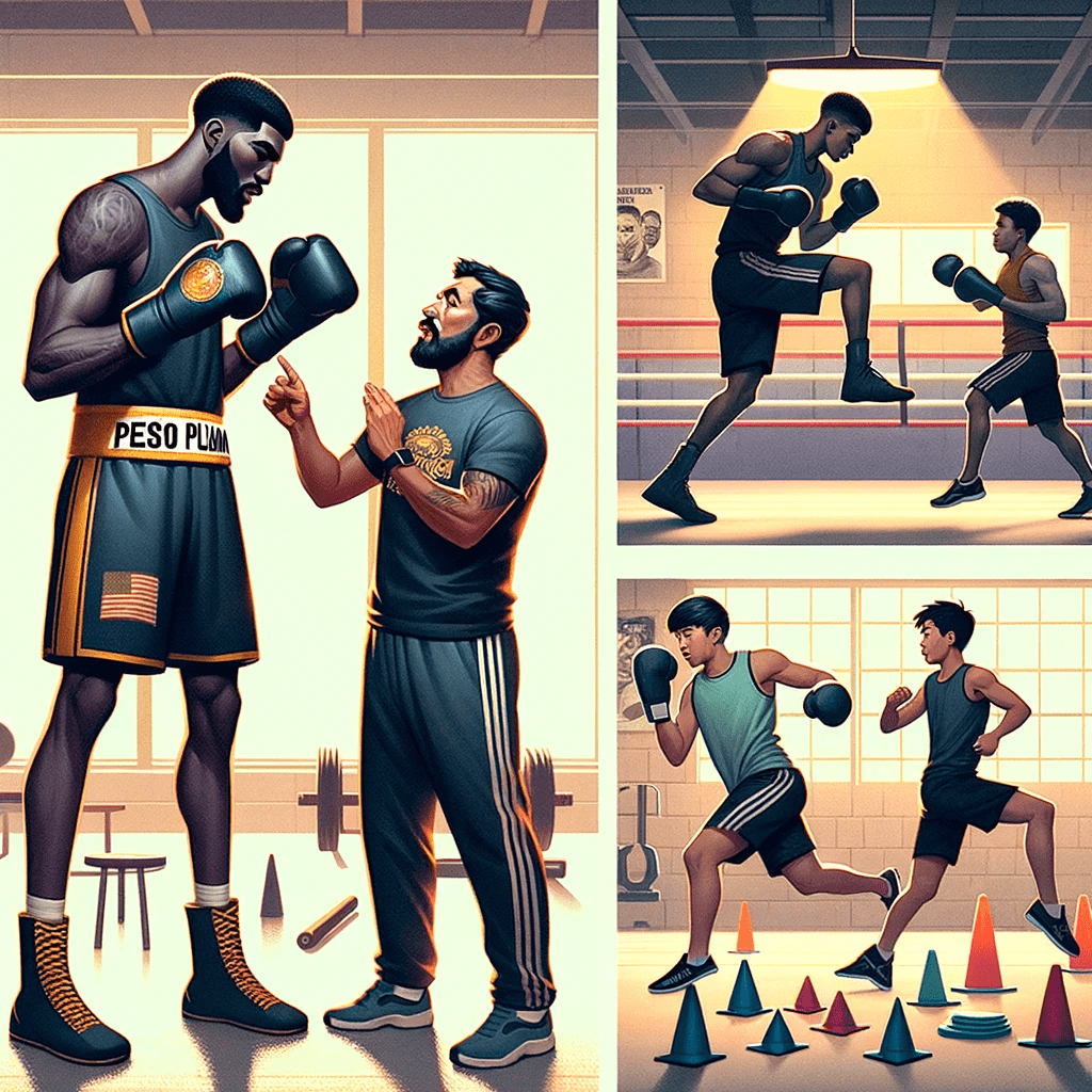 Contrasting training styles of Peso Pluma athletes: A taller boxer practicing punches with a coach and a shorter fighter focusing on agility and footwork, illustrating diverse training methods in the Featherweight division