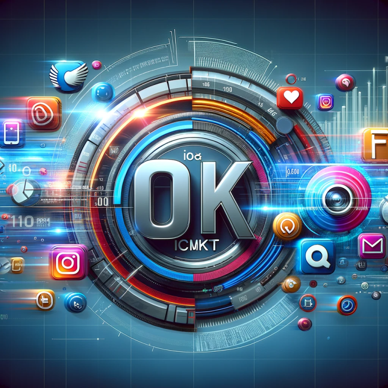 Graphic showing integration of social media, analytics, and digital tools around 'AX IOCMKT' to represent its role in digital marketing