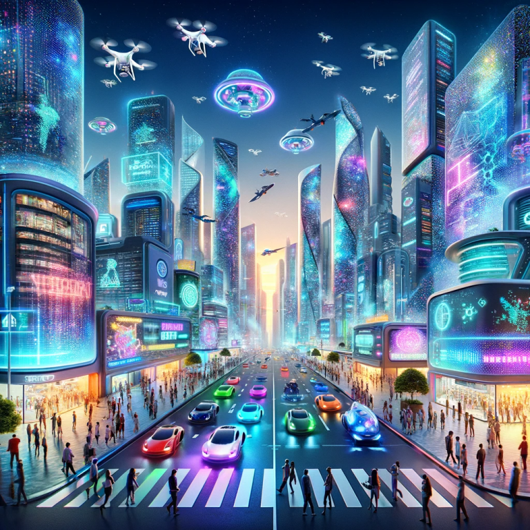 Futuristic city with advanced, integrated technology symbolizing the impact of IncidentalSeventy on urban life and innovation
